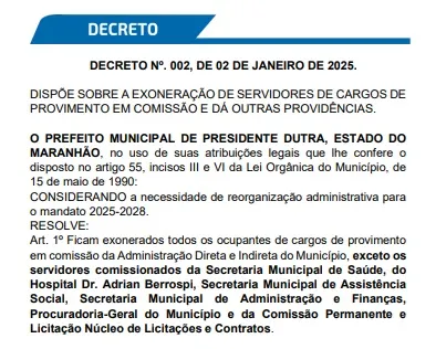Prefeito inicia o ano com demissão em massa em Presidente Dutra