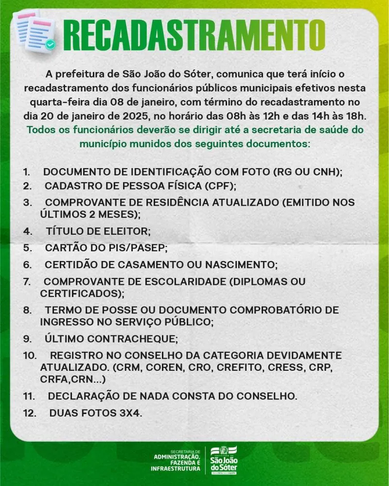 Prefeitura de São João do Sóter inicia recadastramento obrigatório de servidores municipais